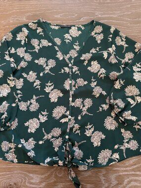 Womens Stitch Fix West Kei Green floral Coraya tie front blouse shirt size L